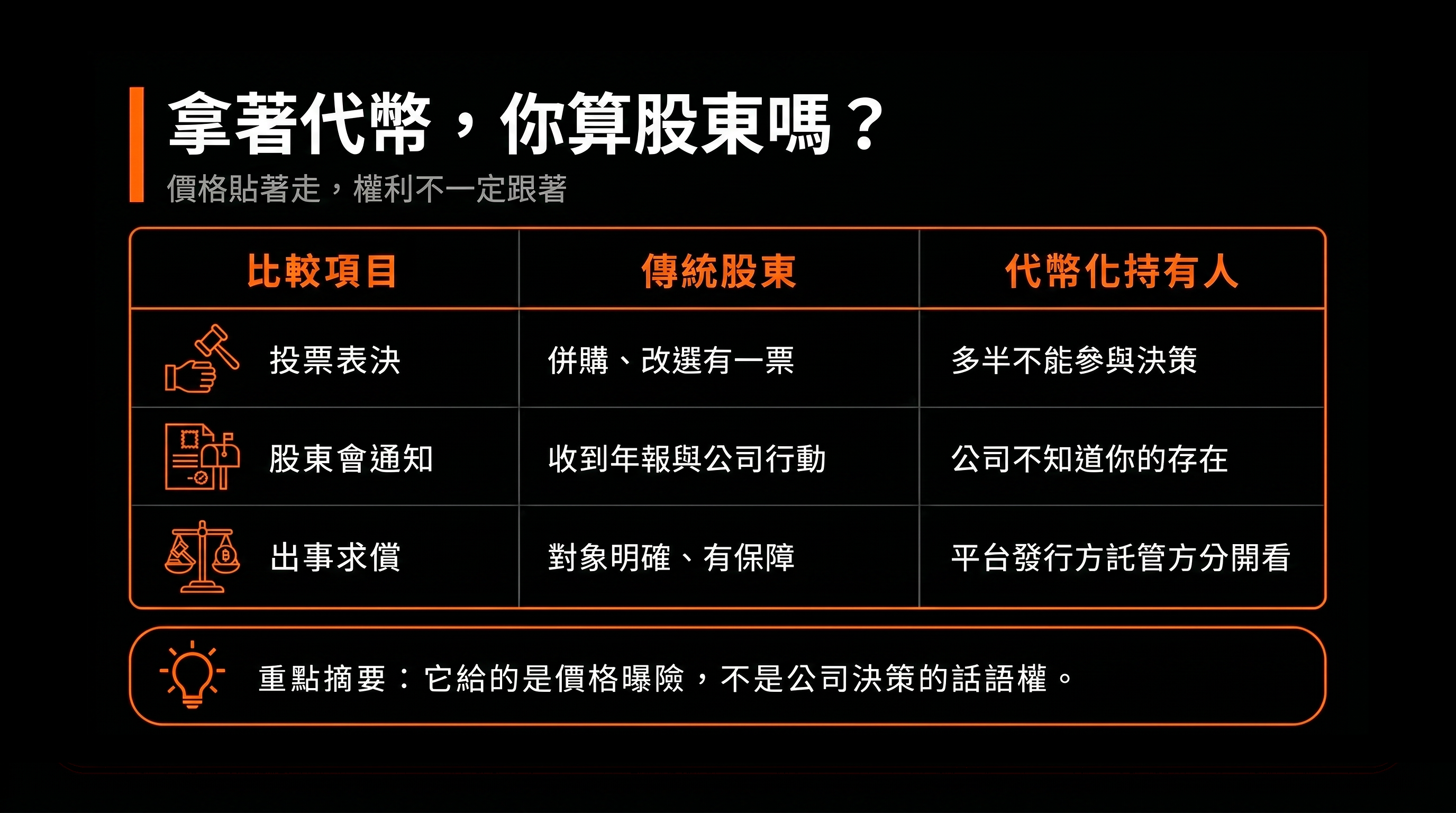 比較表:拿著代幣,你算股東嗎?(傳統股東 vs 代幣化持有人)